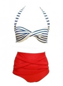 Red-Backless-Off-Shoulder-Stripe-Swimwear