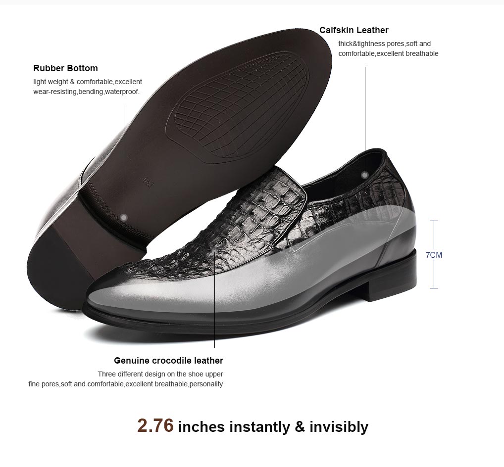 Crocodile Leather Elevator Shoes Handmade High Heel Dress Shoes For Men 7 CM/2.76 Inches