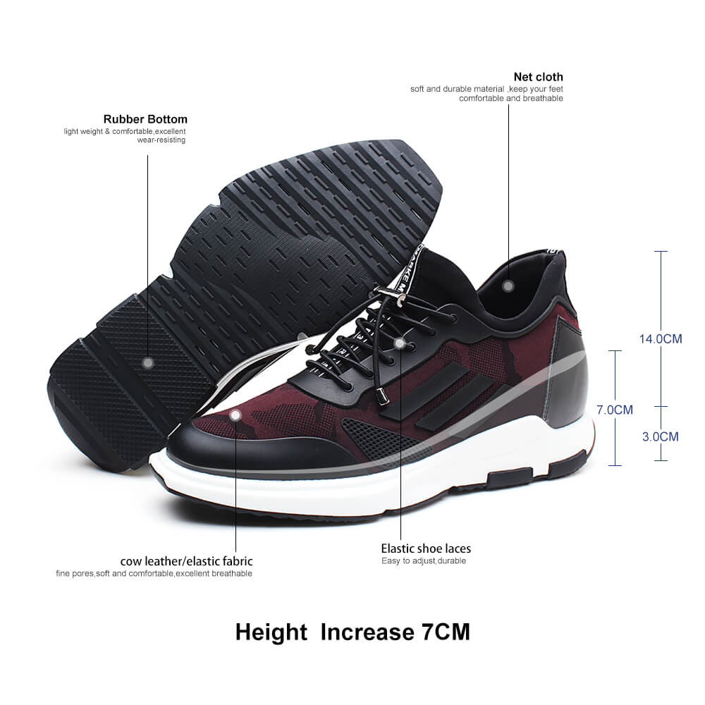 Men Elevator Sneaker Sports Shoes With Hidden Heel Shoes Height Increase Shoes Wine Red 7 CM / 2.76 Inches